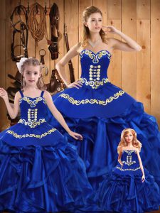 Royal Blue Sweetheart Neckline Embroidery and Ruffles Quinceanera Dresses Sleeveless Lace Up