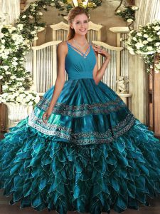 Inexpensive Blue V-neck Neckline Ruffles 15 Quinceanera Dress Sleeveless Backless