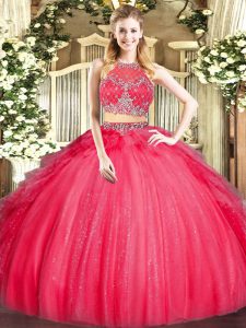 Sweet Scoop Sleeveless Ball Gown Prom Dress Floor Length Beading and Ruffles Red Tulle