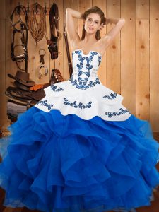 Satin and Organza Strapless Sleeveless Lace Up Embroidery and Ruffles 15th Birthday Dress in Blue