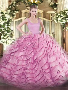 Enchanting Rose Pink Sleeveless Organza Brush Train Zipper Vestidos de Quinceanera for Military Ball and Sweet 16 and Quinceanera