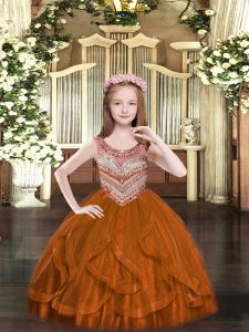 Rust Red Lace Up Scoop Beading and Ruffles Little Girl Pageant Gowns Tulle Sleeveless