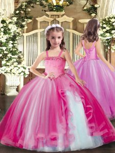 Dramatic Ball Gowns Little Girls Pageant Dress Wholesale Fuchsia Straps Tulle Sleeveless Floor Length Lace Up