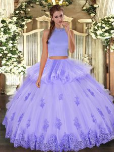 Floor Length Backless Ball Gown Prom Dress Lavender for Military Ball and Sweet 16 and Quinceanera with Beading and Appliques and Ruffles