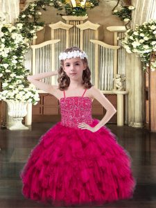 Fuchsia Sleeveless Floor Length Beading and Ruffles Lace Up Kids Pageant Dress