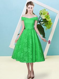 Spectacular Green Off The Shoulder Lace Up Bowknot Vestidos de Damas Cap Sleeves