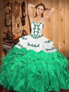 Turquoise Sleeveless Floor Length Embroidery and Ruffles Lace Up 15th Birthday Dress