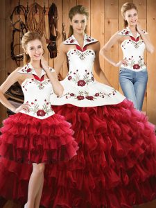 Wine Red Sleeveless Floor Length Embroidery and Ruffled Layers Lace Up Quinceanera Dresses