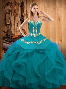 Teal and Turquoise Sweetheart Neckline Embroidery and Ruffles Ball Gown Prom Dress Sleeveless Lace Up