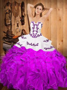 Dazzling Purple Ball Gowns Satin and Organza Strapless Sleeveless Embroidery and Ruffles Floor Length Lace Up Sweet 16 Dress