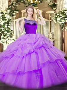 Floor Length Zipper Quinceanera Dress Lavender for Sweet 16 and Quinceanera with Beading and Pick Ups