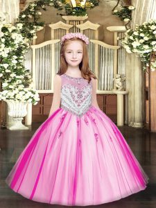 Tulle Sleeveless Floor Length Child Pageant Dress and Beading and Appliques