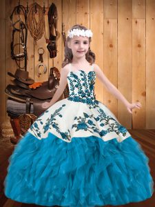 Simple Baby Blue Lace Up Little Girls Pageant Dress Embroidery and Ruffles Sleeveless Floor Length