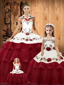 Luxurious Satin and Organza Halter Top Sleeveless Lace Up Embroidery and Ruffled Layers Ball Gown Prom Dress in Wine Red