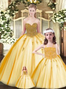 Luxurious Gold Tulle Lace Up Sweetheart Sleeveless Floor Length Sweet 16 Dresses Beading