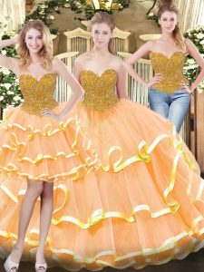 Chic Ball Gowns Sweet 16 Dress Peach Sweetheart Tulle Sleeveless Floor Length Lace Up