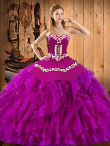 Fuchsia Sleeveless Satin and Organza Lace Up Sweet 16 Dress for Military Ball and Sweet 16 and Quinceanera