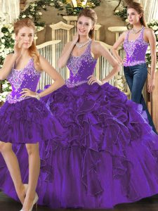 Beautiful Purple Lace Up Straps Beading and Ruffles Vestidos de Quinceanera Tulle Sleeveless