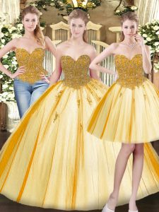 Gold Lace Up Sweetheart Beading and Appliques Quince Ball Gowns Tulle Sleeveless