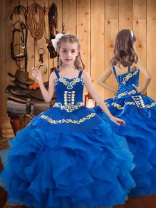 Organza Straps Sleeveless Lace Up Embroidery and Ruffles Little Girl Pageant Gowns in Blue