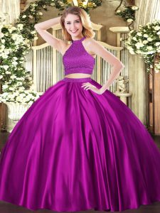 Sweet Halter Top Sleeveless Ball Gown Prom Dress Floor Length Beading Fuchsia Tulle