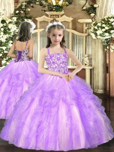 Lavender Tulle Lace Up Straps Sleeveless Floor Length Pageant Gowns Beading and Ruffles