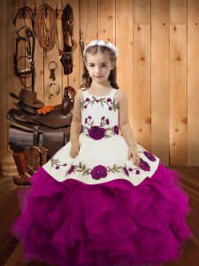 Gorgeous Floor Length Purple Pageant Dress for Girls Tulle Sleeveless Embroidery and Ruffles