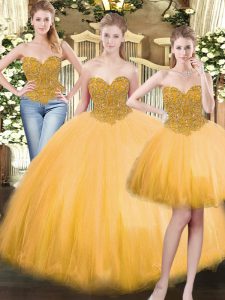 Fitting Gold Sleeveless Beading Floor Length 15th Birthday Dress