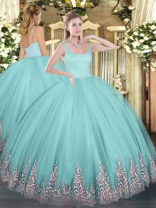 Great Aqua Blue Ball Gowns Appliques Quince Ball Gowns Zipper Tulle Sleeveless Floor Length