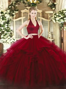 Adorable Sleeveless Organza Floor Length Zipper Vestidos de Quinceanera in Wine Red with Ruffles