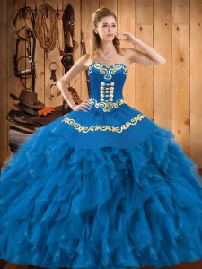 Satin and Organza Sweetheart Sleeveless Lace Up Embroidery and Ruffles 15th Birthday Dress in Blue