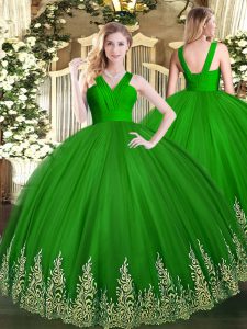 Sweet Floor Length Green Vestidos de Quinceanera Tulle Sleeveless Appliques