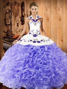 Most Popular Lavender Halter Top Neckline Embroidery Quince Ball Gowns Sleeveless Lace Up