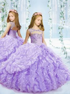 Glorious Beading and Ruffles and Pick Ups Little Girls Pageant Dress Lavender Lace Up Sleeveless Floor Length