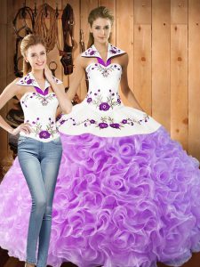 Lilac Two Pieces Fabric With Rolling Flowers Halter Top Sleeveless Embroidery Floor Length Lace Up Quince Ball Gowns