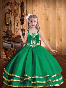 Custom Made Green Straps Neckline Embroidery and Ruffled Layers Little Girls Pageant Gowns Sleeveless Lace Up