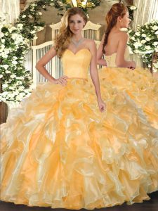 Gold Ball Gowns Beading and Ruffles Quinceanera Dress Lace Up Organza Sleeveless Floor Length