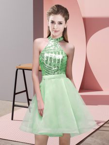 Pretty Apple Green A-line Sequins Quinceanera Court Dresses Backless Chiffon Sleeveless Mini Length