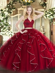 Halter Top Sleeveless Zipper Quinceanera Dress Wine Red Organza