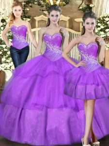 Wonderful Floor Length Eggplant Purple Sweet 16 Quinceanera Dress Tulle Sleeveless Beading and Ruffled Layers