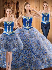 Exceptional Multi-color Three Pieces Strapless Sleeveless Satin and Fabric With Rolling Flowers With Train Sweep Train Lace Up Embroidery Quinceanera Dresses