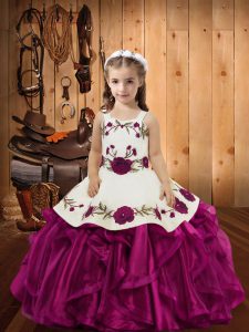 Sweet Sleeveless Floor Length Embroidery and Ruffles Lace Up High School Pageant Dress with Fuchsia