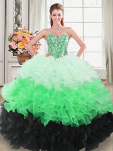 Flare Multi-color Ball Gowns Organza Sweetheart Sleeveless Beading and Ruffles Floor Length Lace Up 15th Birthday Dress