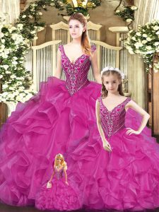 Edgy Straps Sleeveless 15 Quinceanera Dress Floor Length Beading and Ruffles Red Tulle