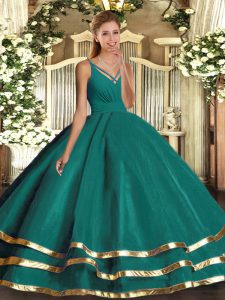 Turquoise V-neck Backless Ruffled Layers Quinceanera Gowns Sleeveless