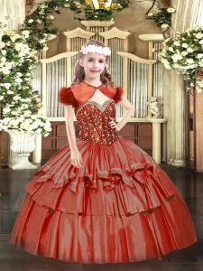 Coral Red Lace Up Winning Pageant Gowns Beading and Ruffled Layers Sleeveless Floor Length