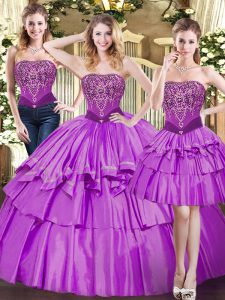 Ball Gowns 15 Quinceanera Dress Eggplant Purple Strapless Tulle Sleeveless Floor Length Lace Up