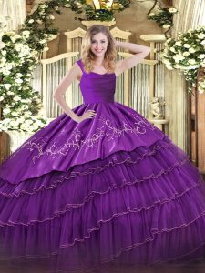 Customized Eggplant Purple Zipper Quinceanera Dresses Embroidery and Ruffled Layers Sleeveless Floor Length