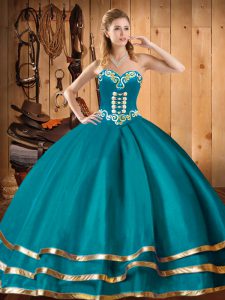 Customized Teal Sweet 16 Dress Military Ball and Sweet 16 and Quinceanera with Embroidery Sweetheart Sleeveless Lace Up