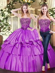 Strapless Sleeveless Sweet 16 Quinceanera Dress Floor Length Beading and Ruffled Layers Eggplant Purple Tulle